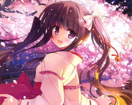 Pink Night - nice, female, hot, twintail, anime girl, brown hair, pretty, petals, anime, cute, sexy, girl, twintails, long hair, lovely, kawaii, twin tails, pink, sweet