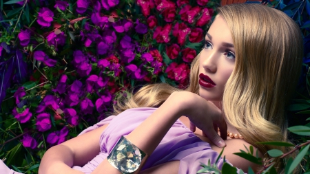 Beauty - woman, beauty, girl, cailin russo, photography, blond, model, face, purple, beautiful, flowers