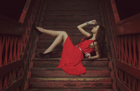 Stairs - woman, legs, red, dress