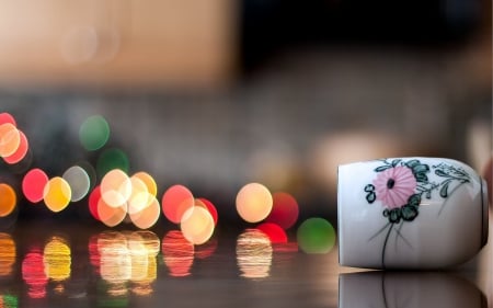 Cup and the City Lights - abstract, city lights, lights, cup