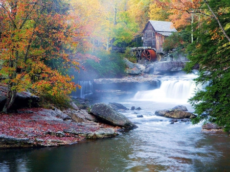 Glade Creek Grist Mill - autumn, forest, water, cascade, stones