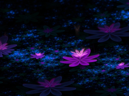 Night Garden - purple, fantasy, flowers, fractal, abstract