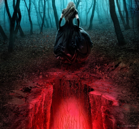 End of the Dream - red, forest, halloween, artwork, witch, fantasy, lady, dream, trees