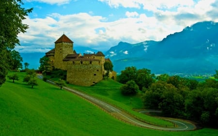 Awesome View - mountains, greenery, road, view, awesome, castle, blue, grass