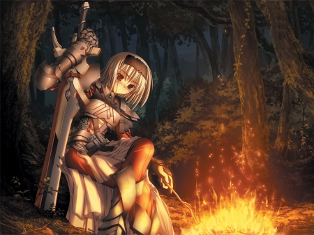 Anime knight - fire, girl, sword, forest, Anime