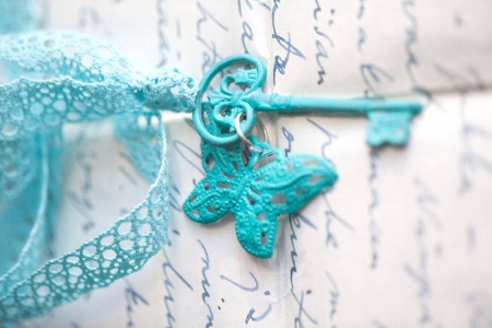 memoirs - letter, butterfly, key, vintage, ribbon, azure blue, old