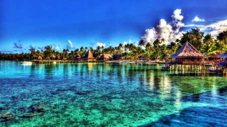 Hotel Beach at Tahiti - clouds, water, palms, sea, cottages