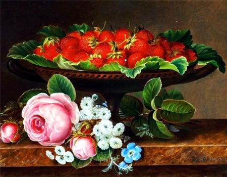 Still Life - flowers, blossoms, fruit, strawberries