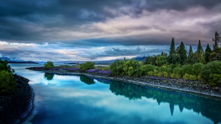 superb still river hdr - still, trees, clouds, river, mountains, hdr, flowers, shore