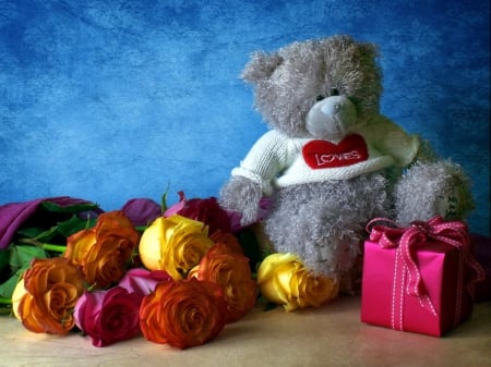 With love - roses, romantic, romance, scent, teddy bear, nice, fragrance, present, lovely, love, sweet, bouquet, bear, colorful, cute, adorable, gift