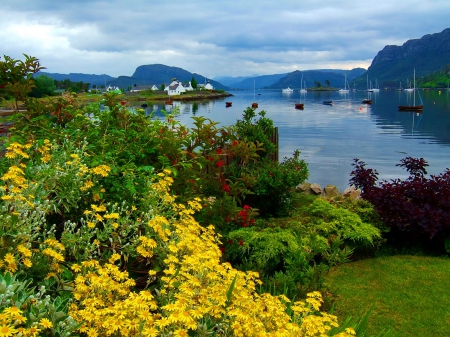 Scottish landscape - coast, landscape, grass, flowers, view, Scottish, port, lake, nice, sky, clouds, water, beautiful, Scotland, sea, travel, lovely, freshness, dock, pier, boats, river, nature, world, bay