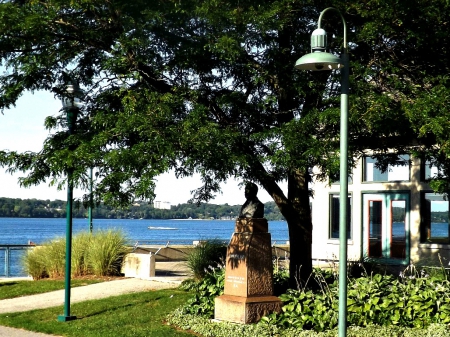 information center - water, tree, grass, statue