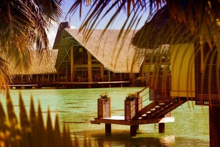 Tahiti Water Bungalows - beach, paradise, water, hotel, bungalows, polynesia, bora bora, atoll, resort, sand, ocean, islands, tropical, exotic, villas, island, south pacific, sea, tahiti, retreat