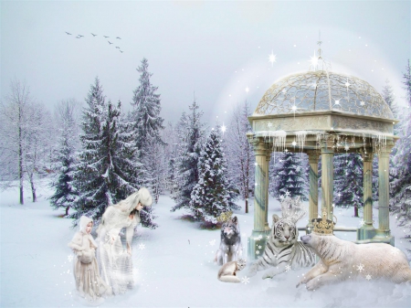 Magical Meeting - snow, winter, meeting, animals