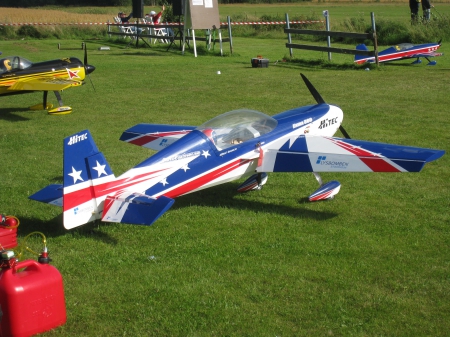 Model airplane - green, colors, summer, field, airplane, grass, model