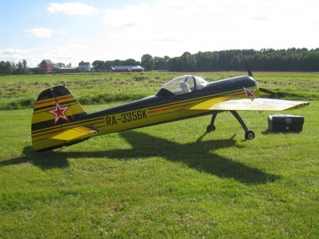 Model airplane - airplane, trees, filed, summer, model, grass, colors, sky