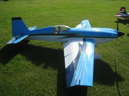 Model airplane - blue, summer, field, colors, grass, airplane, model