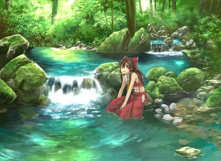 Hakurei Reimu in the Forest - touhou, landscape, anime, water, long hair, hakurei reimu, brown hair