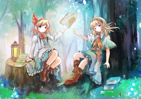 Practicing Magic - girls, headdress, magic, boots, alice margatroid, touhou, forest, books, anime, friends, blonde