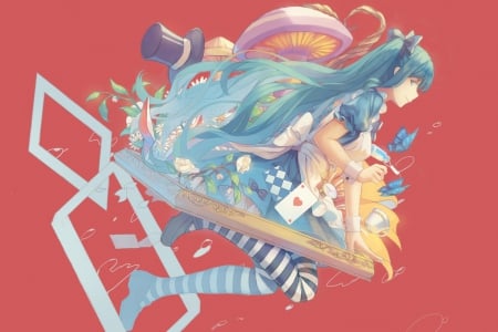 Hatsune Miku In Wonderland - alice in wonderland, vocaloid, mushroom, anime, cards, dress, long hair, fantasy, hat, ponytails, hatsune miku, blue hair