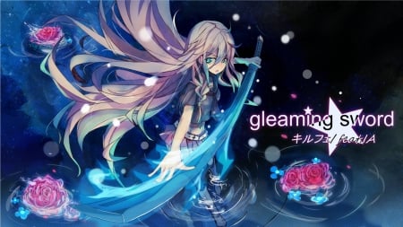 Gleaming Sword - roses, vocaloid, anime, water, long hair, IA