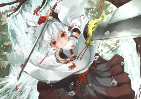 Inubashiri Momiji - tail, skirt, hat, ribbons, water, red eyes, touhou, anime, leaves, sword, short hair, inubashiri momiji