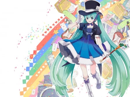 Hatsune Miku - hatsune miku, hat, colorful, long hair, ponytails, blue hair, vocaloid, anime, dress