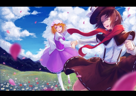 Maribel Han & Usami Renko - fields, sky, landscape, maribel han, usami renko, running, dresses, clouds, anime, friends, wink, flowers