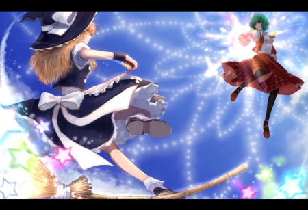 Kazami Yuuka Vs. Kirisame Marisa - kazami yuuka, anime, broom, magic, flying, Kirisame Marisa, stars, fighting, colorful, battle, floating, touhou