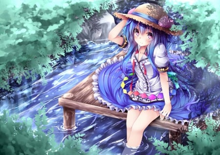 Tenshi Hinanawi - nice, female, cap, hot, tenshi, water, anime girl, himawari tenshi, touhou, pretty, anime, cute, sexy, girl, wet, gown, lovely, hd, kawaii, sweet, dress