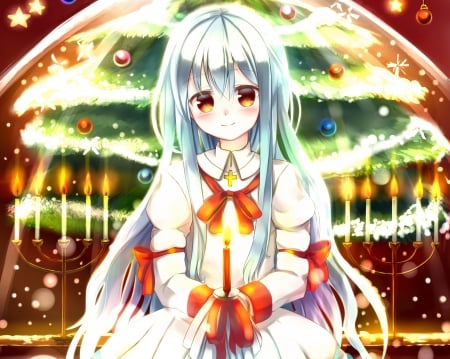 Candle Lite - nice, female, anime girl, pretty, anime, ribbon, cute, candle, girl, light, long hair, lovely, christmas, kawaii, merry christmas, sweet, dress