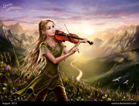 Music of Sunrise for Rosa(Rosarina) - valley, female, music, colorful, mountains, fantasy, art, pretty, musician, artwork, river, color, freedom, elf, lady, melody, serene, mountain, girl, light, magical, lovely, bird, fairytale, beautiful, splendor, digital, sweet, fairy, violin, sunrise, flower