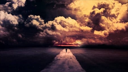 One road - person, walk way, clouds, light