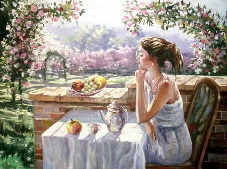 Painting - table, lady, painting, garden