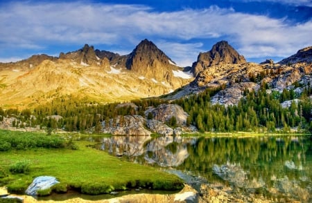 Ediza lake - nice, sky, water, greenery, clear, mirrored, rocks, crystal, quiet, reflection, calmness, clouds, green, cliffs, lake, shore, lovely, peaks, serenity, tranquil, beautiful, ediza