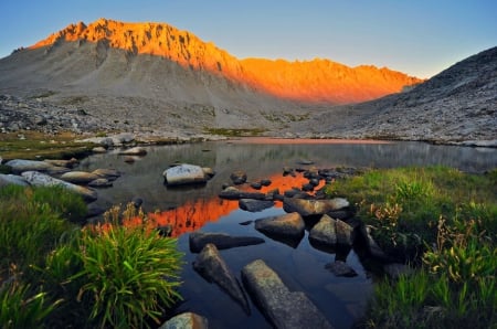 Guitar Lake, Mt. Whitney Alpenglow, Sequoia National Park - calm, quiet, tranquil, grass, reflection, crystal, cliffs, lake, sky, national park, water, mirrored, peaks, stones, quitar, glow, clear, serenity, silent