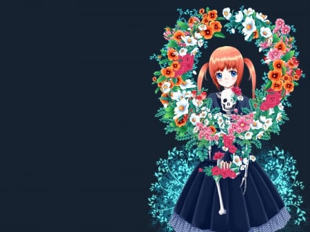 Flower Skeleton - anime, twin tail, female, twintail, blossom, dress, long hair, emotional, dark, sad, plain, hd, blue eyes, creepy, twin tails, gown, anime girl, twintails, serious, creep, hot, girl, simple, flower, darkness, black, bone, skeleton, cute, floral, sexy, orange hair