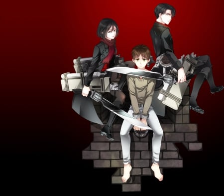 Shingeki no Kyokin - anime, female, warrior, guy, mad, boy, male, short hair, eren jaeger, hd, mikasa, shingeki no kyojin, ackerman, attack on titan, anime girl, chain, hot, gun, girl, sword, brown hair, levi, blade, angry, handsome, mikasa ackerman, sinister, black hair, cute, sexy, eren