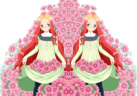 Cosmos - pretty, anime, kawaii, female, blossom, maiden, dress, pink, long hair, kaleidoscope, nice, gown, anime girl, beautiful, girl, beauty, lovely, sweet, flower, petals, lady, cute, adorable, floral