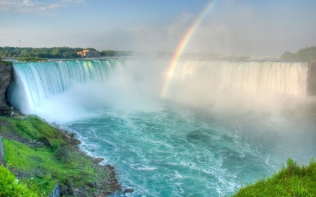 Waterfall - clouds, nature, waterfall, rainbow, hd