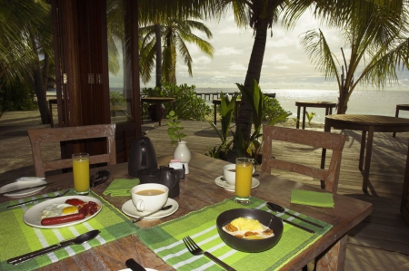 Breakfast on the Beach - Tahiti - bora bora, beach, islands, ocean, table for two, palm trees, morning, eat, table, food, tahiti, exotic, paradise, tropical, polynesia, sun, breakfast, south pacific, island, rise, sea