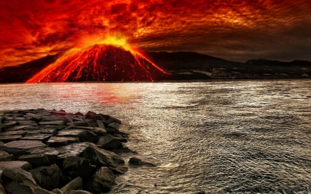 amazing volcanic eruption - eruption, volcano, sea, mountain, rocks