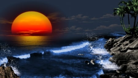 Sunset - pretty, sunset, ocean waves, beautiful