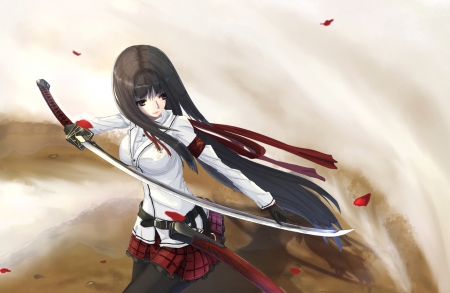 Katana - girl, warrior, seifku, katana, long hair, sword, orginal