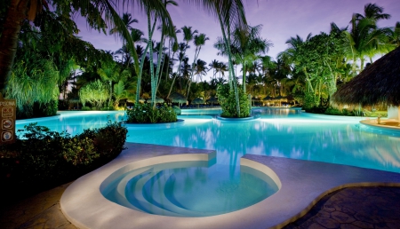 Luxury Swimming Pool - lit, evening, island, night, polynesia, tahiti, swimming, exotic, paradise, luxury, beautiful, islands, sunset, tropical, bora bora, pool, dusk