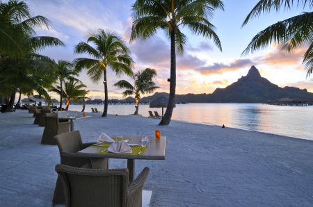 Romantic Dining by Sunset Bora Bora - romantic, beach, evening, island, romance, polynesia, sand, tahiti, dine, atoll, dining, exotic, palm trees, paradise, sea, ocean, islands, sunset, tropical, bora bora, dusk