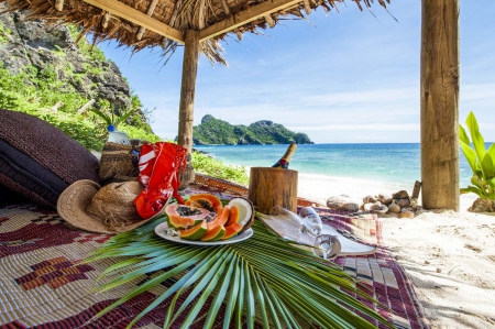 Picnic on the Beach in Fiji - beach, paradise, polynesia, dining, dine, sand, ocean, lunch, islands, picnic, tropical, palm, exotic, island, leaves, south pacific, fiji, sea