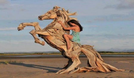 the wooded horse - wood, girl, horse, sand