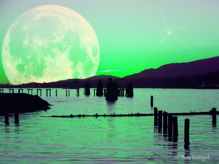 Fantasy - moon, green, abstract, fantasy