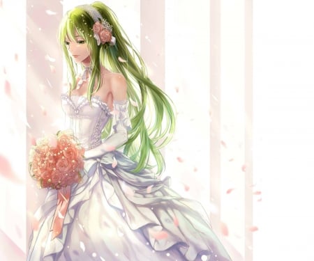 ♡ Bride ♡ - pretty, anime, elegant, female, blossom, dress, wed, green hair, long hair, gorgeous, nice, bride, gown, anime girl, beautiful, hot, wedding, girl, beauty, lovely, sweet, flower, petals, bouquet, cute, floral, sexy